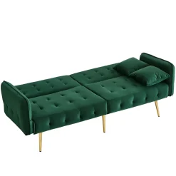 Lit 215x81,5 cm convertible velours, dossiers et accoudoirs multipositions, pieds métal doré, style moderne