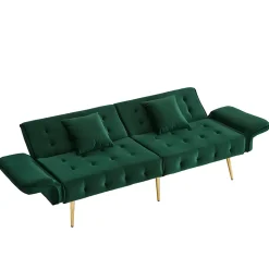 Lit 215x81,5 cm convertible velours, dossiers et accoudoirs multipositions, pieds métal doré, style moderne