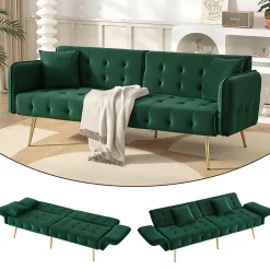 Lit 215x81,5 cm convertible velours, dossiers et accoudoirs multipositions, pieds métal doré, style moderne