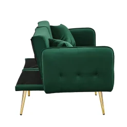 Lit 215x81,5 cm convertible velours, dossiers et accoudoirs multipositions, pieds métal doré, style moderne