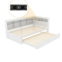 Lit 140x200 cm en bois massif blanc avec rangement intégré et prise USB, design contemporain