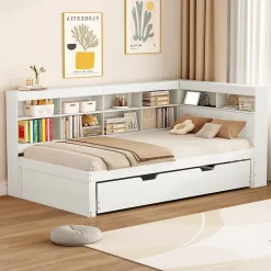 Lit 140x200 cm en bois massif blanc avec rangement intégré et prise USB, design contemporain