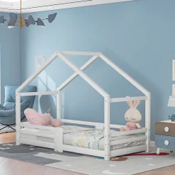 Lit 90x200 cm en bois massif blanc, forme maison avec cheminée, barrières anti-chute 4 côtés et lattes rigides