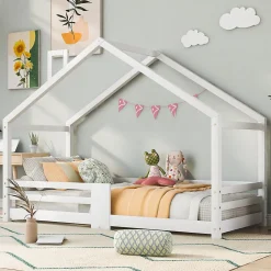 Lit 90x200 cm en bois massif blanc, forme maison avec cheminée, barrières anti-chute 4 côtés et lattes rigides