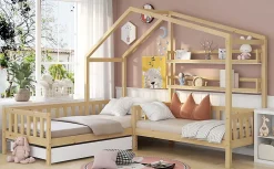 Lit 90x200 cm en bois massif façon maisonnette, structure en L avec tiroirs et étagères, finition naturel