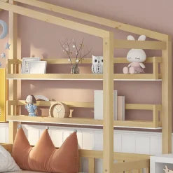 Lit 90x200 cm en bois massif façon maisonnette, structure en L avec tiroirs et étagères, finition naturel