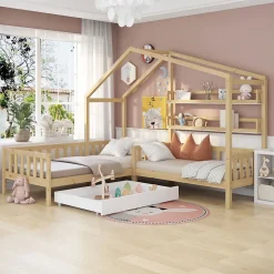 Lit 90x200 cm en bois massif façon maisonnette, structure en L avec tiroirs et étagères, finition naturel