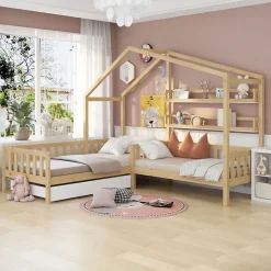 Lit 90x200 cm en bois massif façon maisonnette, structure en L avec tiroirs et étagères, finition naturel
