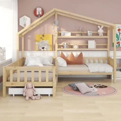 Lit 90x200 cm en bois massif façon maisonnette, structure en L avec tiroirs et étagères, finition naturel