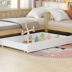 Lit 90x200 cm en bois massif façon maisonnette, structure en L avec tiroirs et étagères, finition naturel