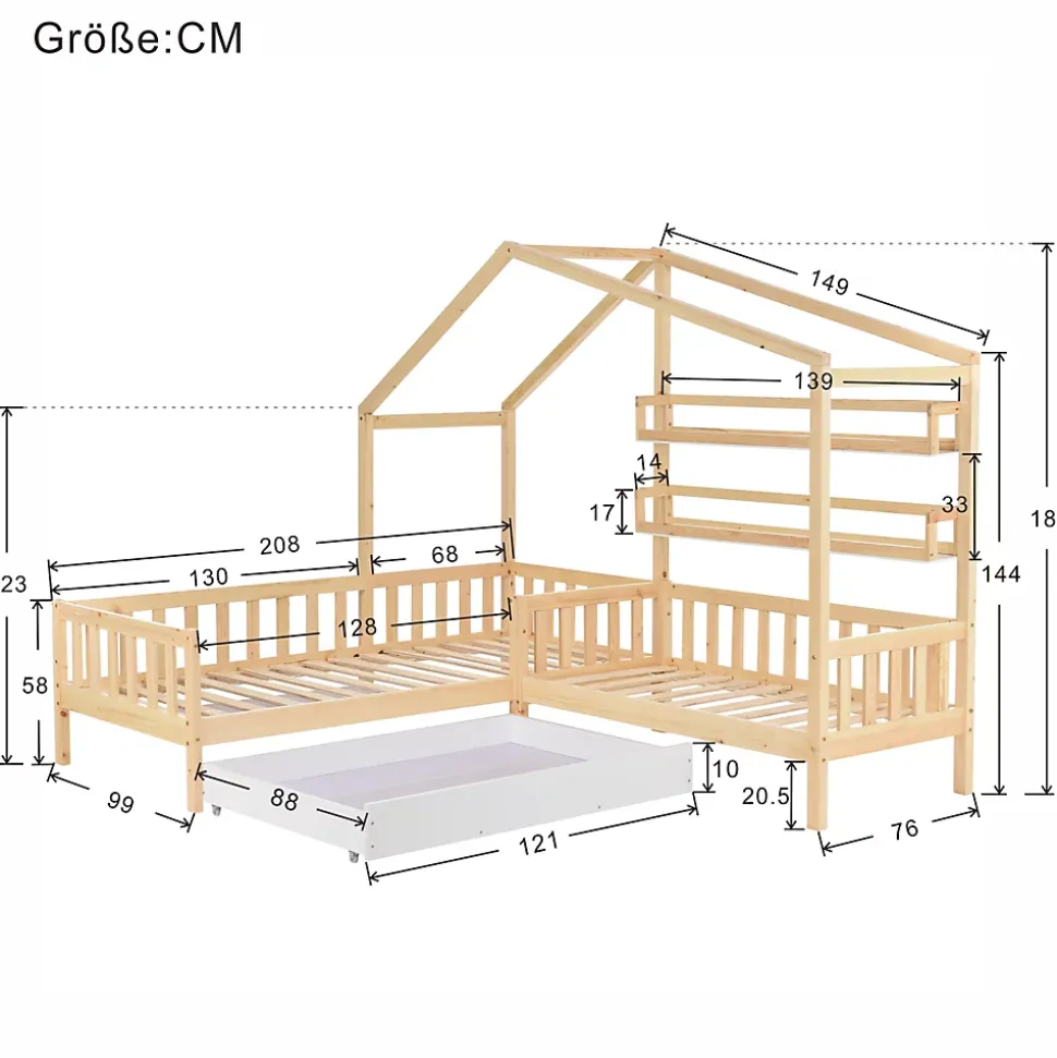 Lit 90x200 cm en bois massif façon maisonnette, structure en L avec tiroirs et étagères, finition naturel