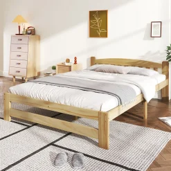 Lit 140x200 cm en bois massif naturel avec tête de lit et sommier à lattes, lit futon solide pour adolescents et adultes