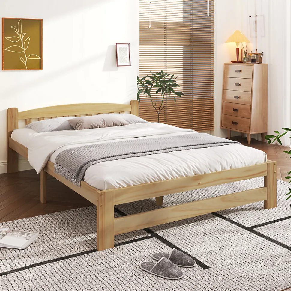 Lit 140x200 cm en bois massif naturel avec tête de lit et sommier à lattes, lit futon solide pour adolescents et adultes