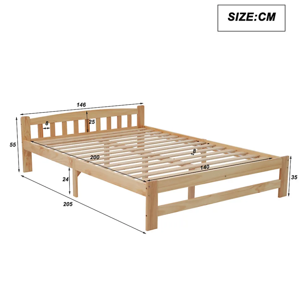Lit 140x200 cm en bois massif naturel avec tête de lit et sommier à lattes, lit futon solide pour adolescents et adultes