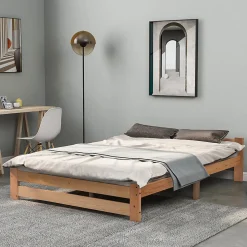 Lit 140x200 cm en bois massif naturel avec tête de lit, design épuré et finition personnalisable