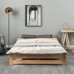 Lit 140x200 cm en bois massif naturel avec tête de lit, design épuré et finition personnalisable