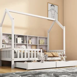 Lit 90x200 cm en bois massif style scandinave en forme de maison avec 2 tiroirs de rangement blanc