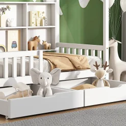 Lit 90x200 cm en bois massif style scandinave en forme de maison avec 2 tiroirs de rangement blanc