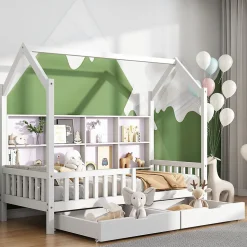 Lit 90x200 cm en bois massif style scandinave en forme de maison avec 2 tiroirs de rangement blanc