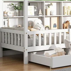 Lit 90x200 cm en bois massif style scandinave en forme de maison avec 2 tiroirs de rangement blanc