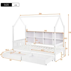 Lit 90x200 cm en bois massif style scandinave en forme de maison avec 2 tiroirs de rangement blanc