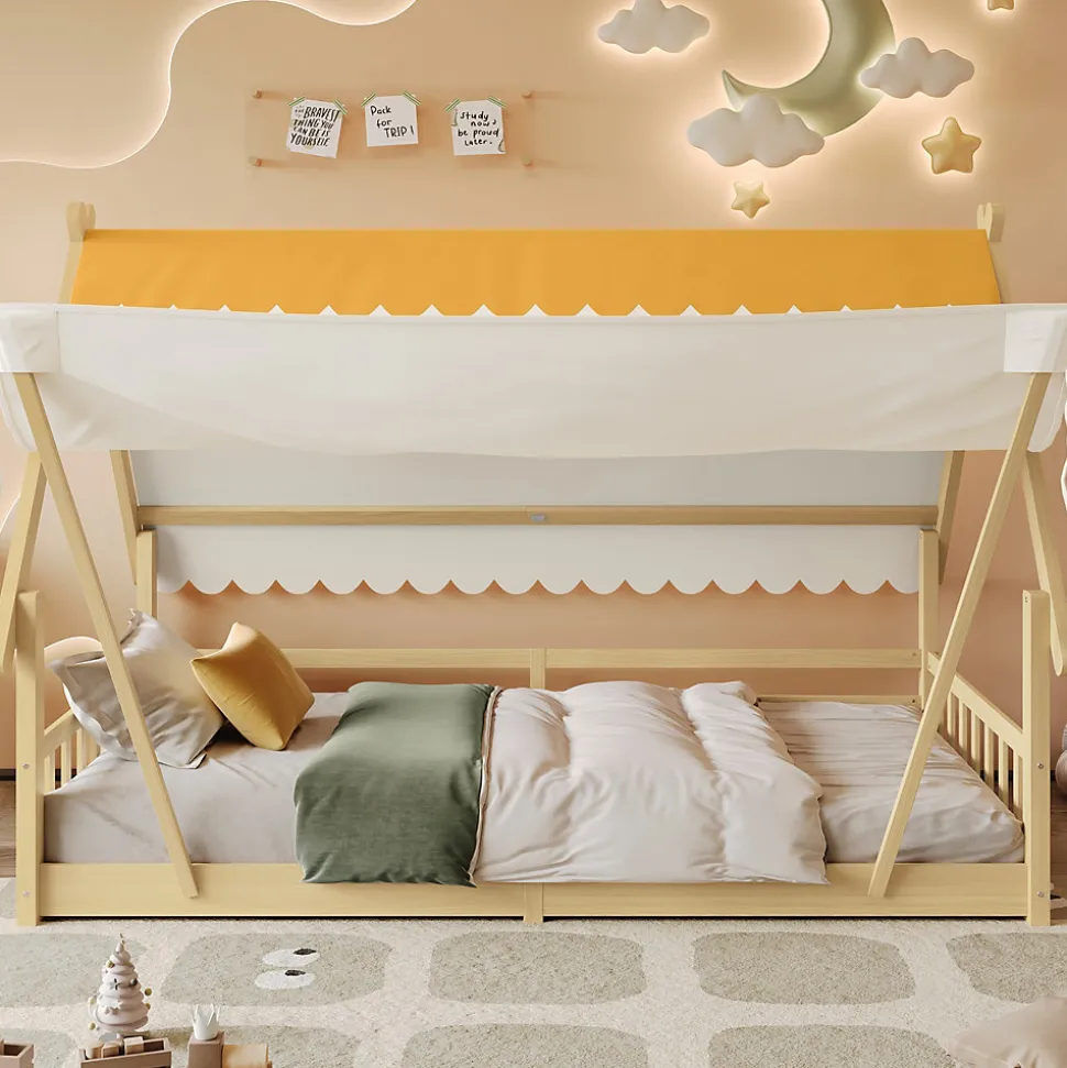 Lit 90x200 cm en bois massif style maison avec tente amovible et barrières de sécurité, finition blanc/naturel