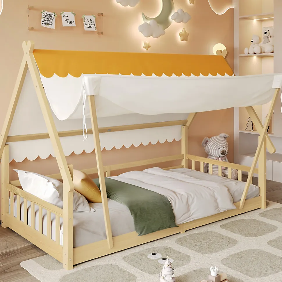 Lit 90x200 cm en bois massif style maison avec tente amovible et barrières de sécurité, finition blanc/naturel