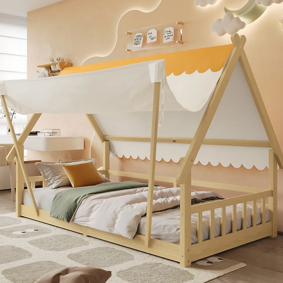 Lit 90x200 cm en bois massif style maison avec tente amovible et barrières de sécurité, finition blanc/naturel