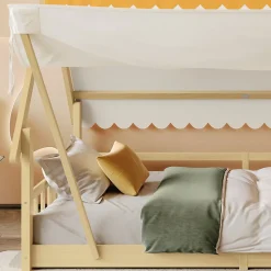 Lit 90x200 cm en bois massif style maison avec tente amovible et barrières de sécurité, finition blanc/naturel