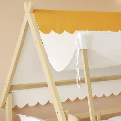 Lit 90x200 cm en bois massif style maison avec tente amovible et barrières de sécurité, finition blanc/naturel