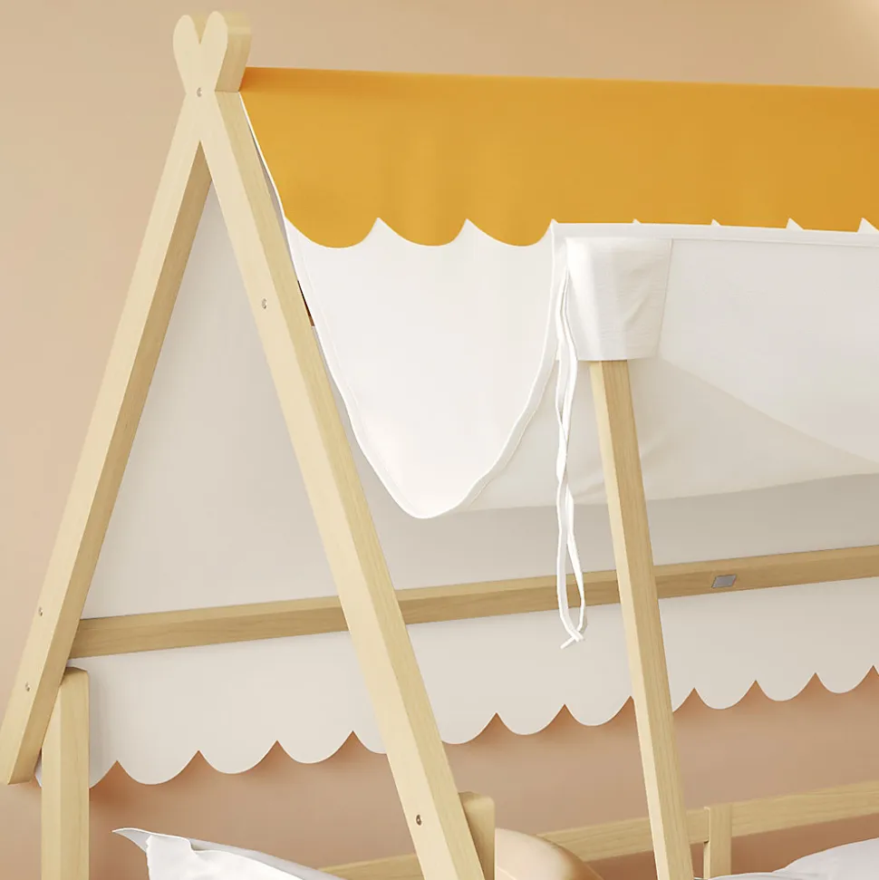 Lit 90x200 cm en bois massif style maison avec tente amovible et barrières de sécurité, finition blanc/naturel