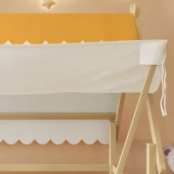 Lit 90x200 cm en bois massif style maison avec tente amovible et barrières de sécurité, finition blanc/naturel