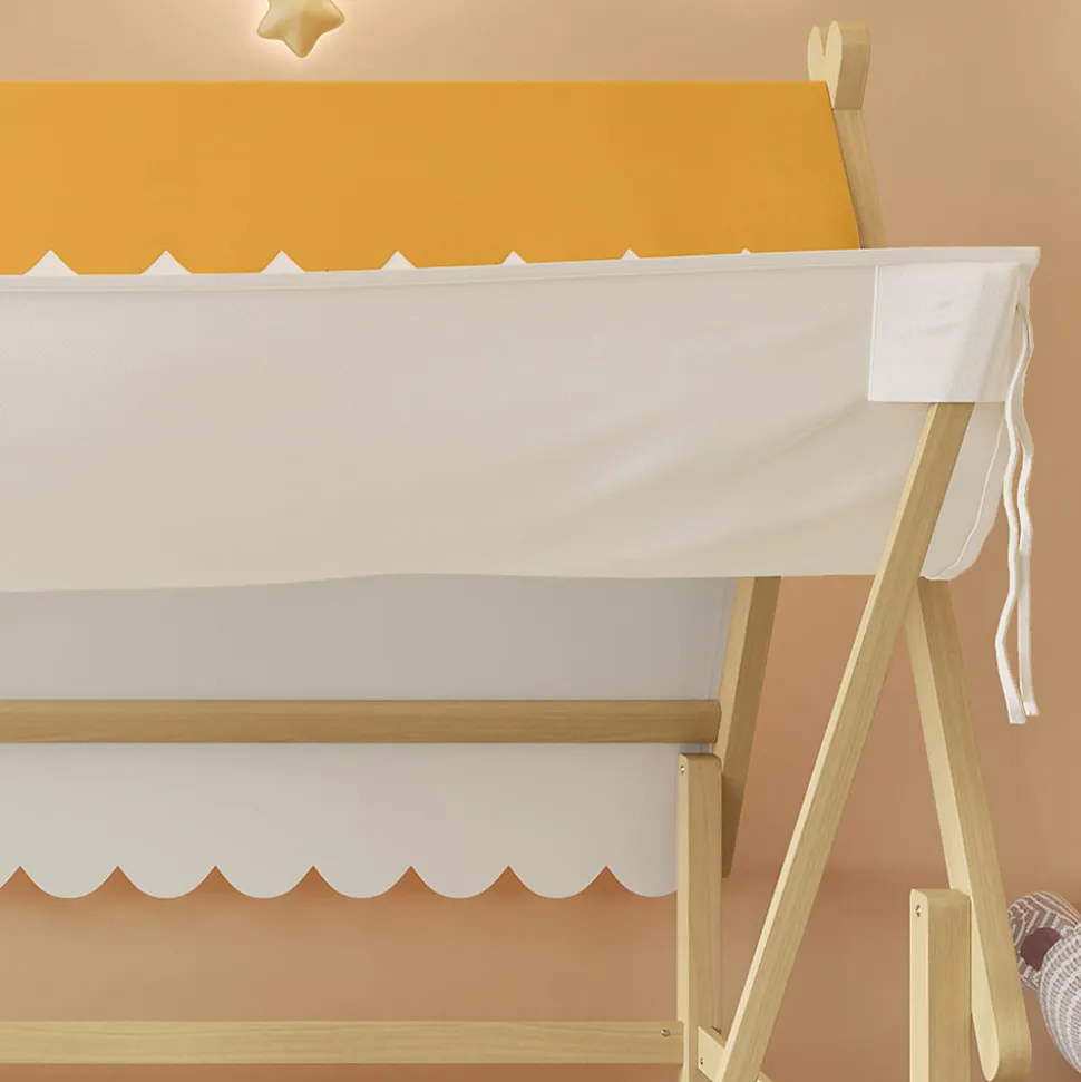 Lit 90x200 cm en bois massif style maison avec tente amovible et barrières de sécurité, finition blanc/naturel