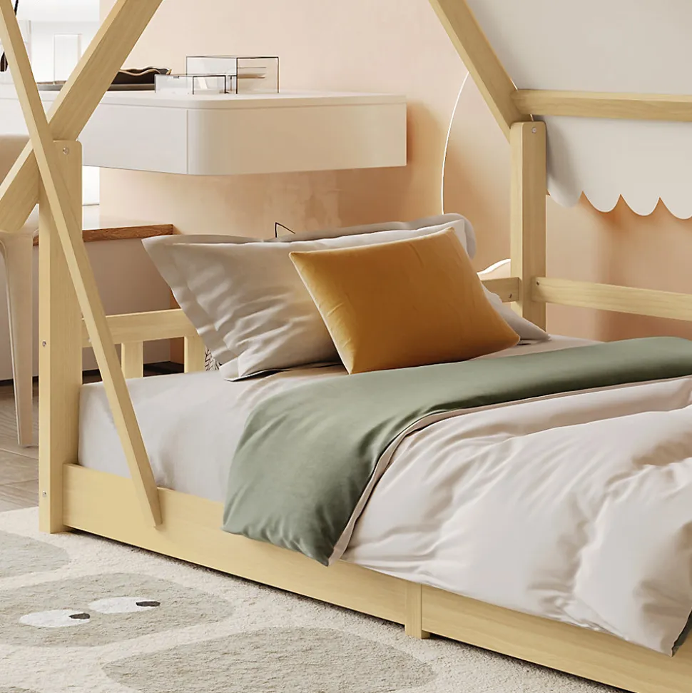 Lit 90x200 cm en bois massif style maison avec tente amovible et barrières de sécurité, finition blanc/naturel