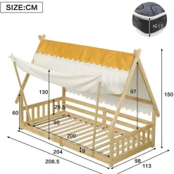 Lit 90x200 cm en bois massif style maison avec tente amovible et barrières de sécurité, finition blanc/naturel