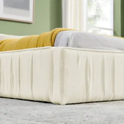 Lit 140x200 cm en chenille beige avec plis décoratifs, structure bois d'eucalyptus et cadre métal solide