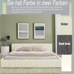 Lit 140x200 cm en chenille beige avec plis décoratifs, structure bois d'eucalyptus et cadre métal solide