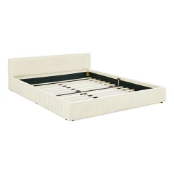 Lit 140x200 cm en chenille beige avec plis décoratifs, structure bois d'eucalyptus et cadre métal solide