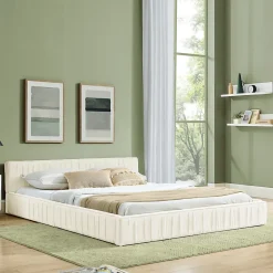 Lit 140x200 cm en chenille beige avec plis décoratifs, structure bois d'eucalyptus et cadre métal solide