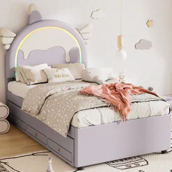 Lit 90x200 cm en forme de licorne avec tête de lit en PU et tiroir gigogne, style enfant violet, MDF robuste