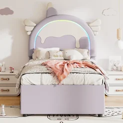 Lit 90x200 cm en forme de licorne avec tête de lit en PU et tiroir gigogne, style enfant violet, MDF robuste