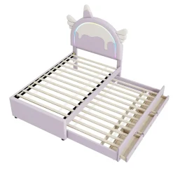 Lit 90x200 cm en forme de licorne avec tête de lit en PU et tiroir gigogne, style enfant violet, MDF robuste