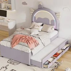 Lit 90x200 cm en forme de licorne avec tête de lit en PU et tiroir gigogne, style enfant violet, MDF robuste