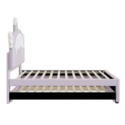 Lit 90x200 cm en forme de licorne avec tête de lit en PU et tiroir gigogne, style enfant violet, MDF robuste