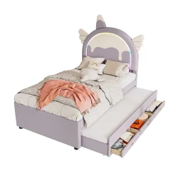 Lit 90x200 cm en forme de licorne avec tête de lit en PU et tiroir gigogne, style enfant violet, MDF robuste