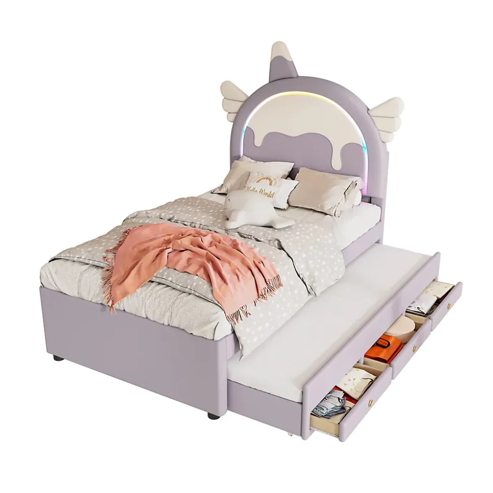 Lit 90x200 cm en forme de licorne avec tête de lit en PU et tiroir gigogne, style enfant violet, MDF robuste