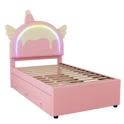 Lit 90x200 cm en forme de licorne avec lit gigogne et tête de lit rembourrée en PU, style enfant rose