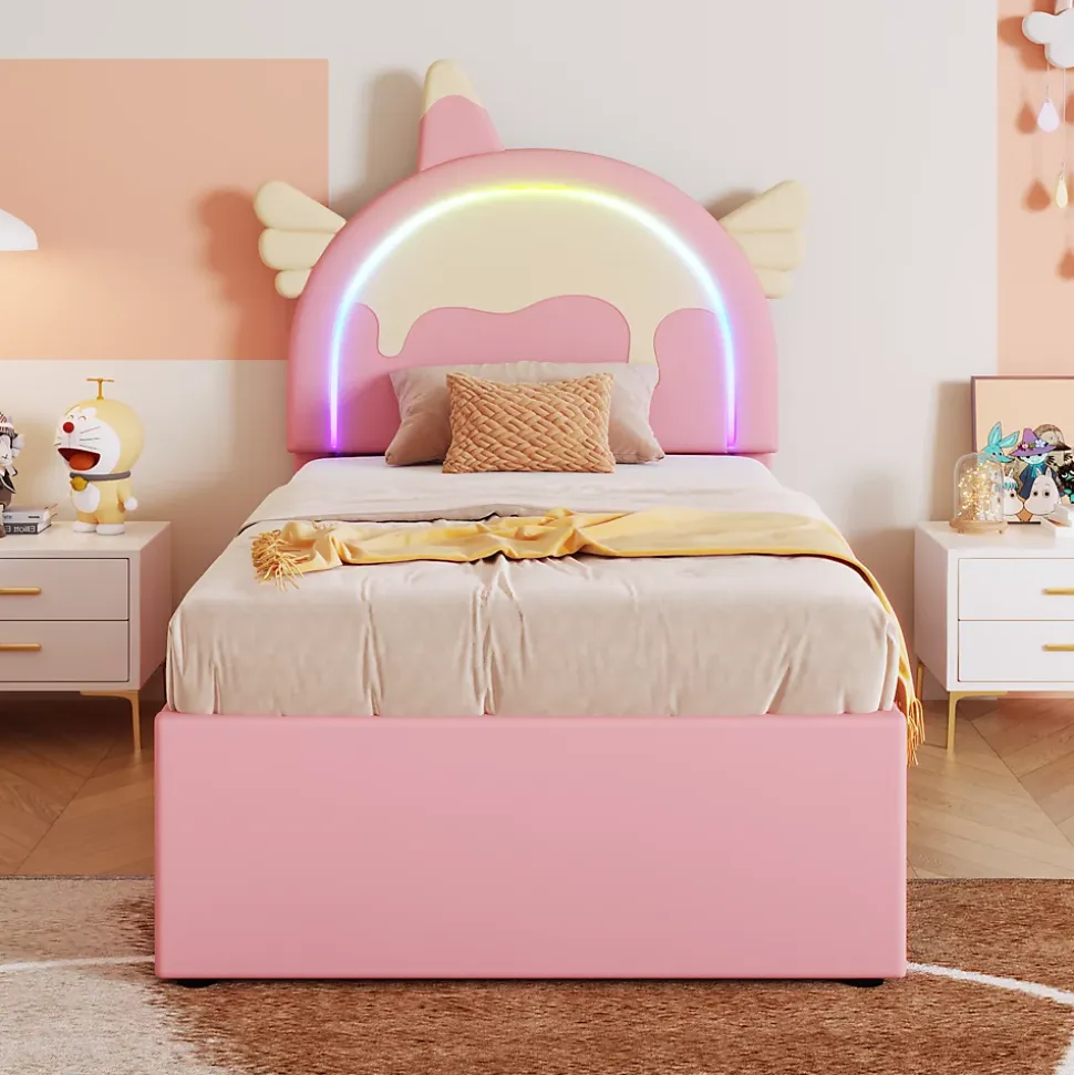 Lit 90x200 cm en forme de licorne avec lit gigogne et tête de lit rembourrée en PU, style enfant rose