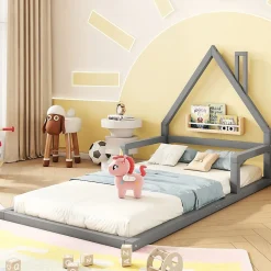 Lit 90x200 cm en forme de maison avec cadre en pin massif et MDF, design scandinave gris, sommier 7 lattes, idéal chambre enfant