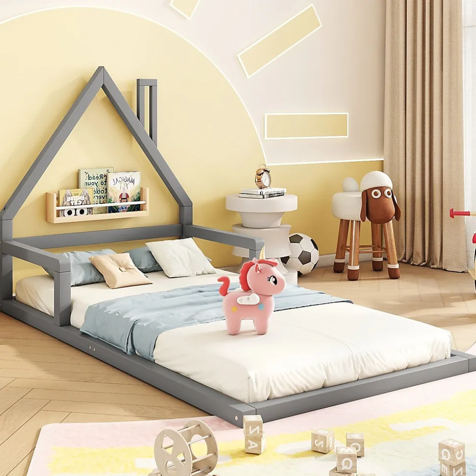 Lit 90x200 cm en forme de maison avec cadre en pin massif et MDF, design scandinave gris, sommier 7 lattes, idéal chambre enfant